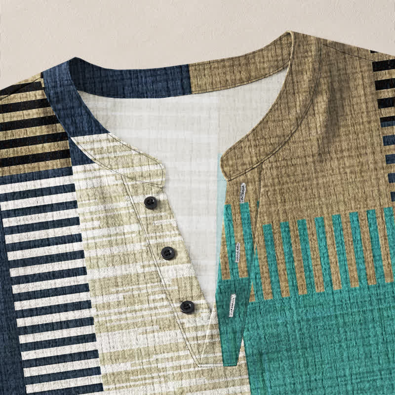 Buddha Stones Camisas de manga larga para hombre de algodón con cuello en V, estampado geométrico retro de patchwork y botones. - image 18