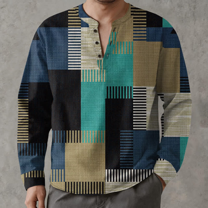 Buddha Stones Camisas de manga larga para hombre de algodón con cuello en V, estampado geométrico retro de patchwork y botones. - image 15