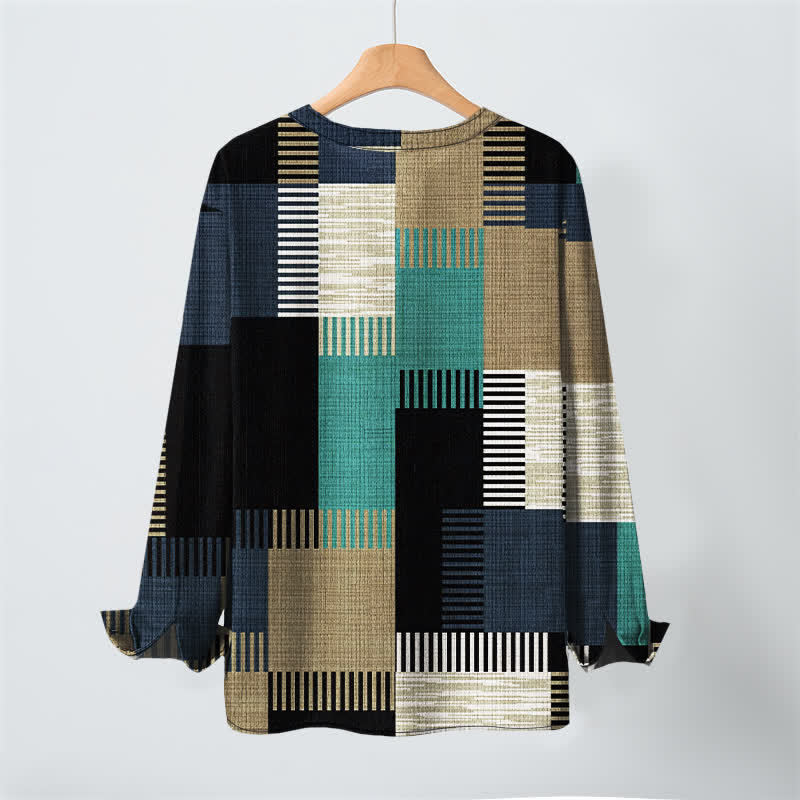 Buddha Stones Camisas de manga larga para hombre de algodón con cuello en V, estampado geométrico retro de patchwork y botones. - image 17