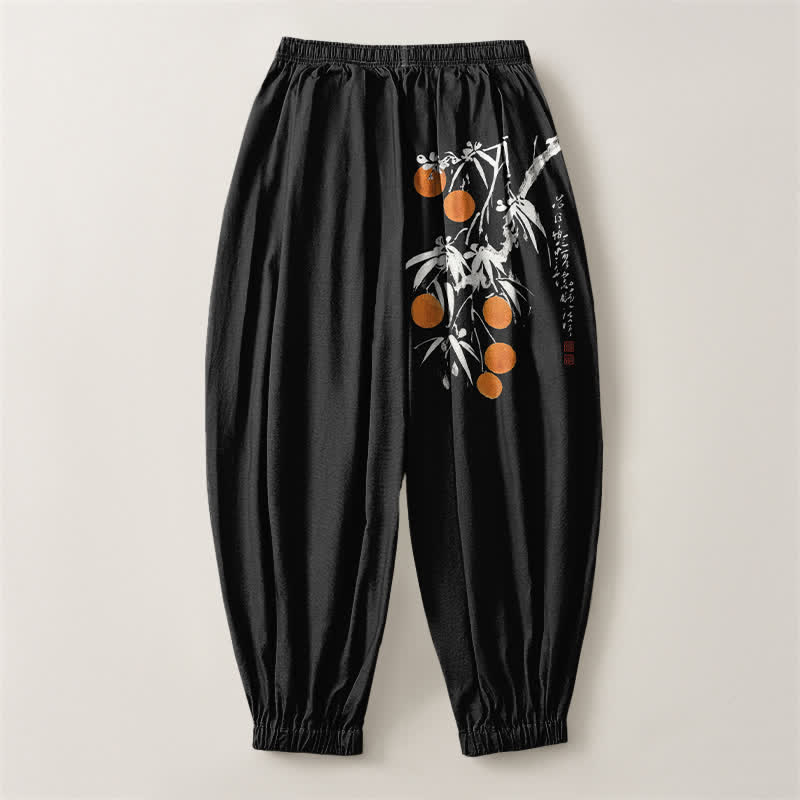 Buddha Stones Pantalones harem para hombre de algodón puro con estampado de ramas de bambú, cordón ajustable y bolsillos. - image 2