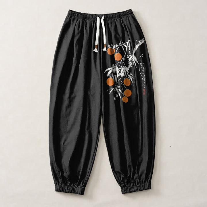 Buddha Stones Pantalones harem para hombre de algodón puro con estampado de ramas de bambú, cordón ajustable y bolsillos. - image 1