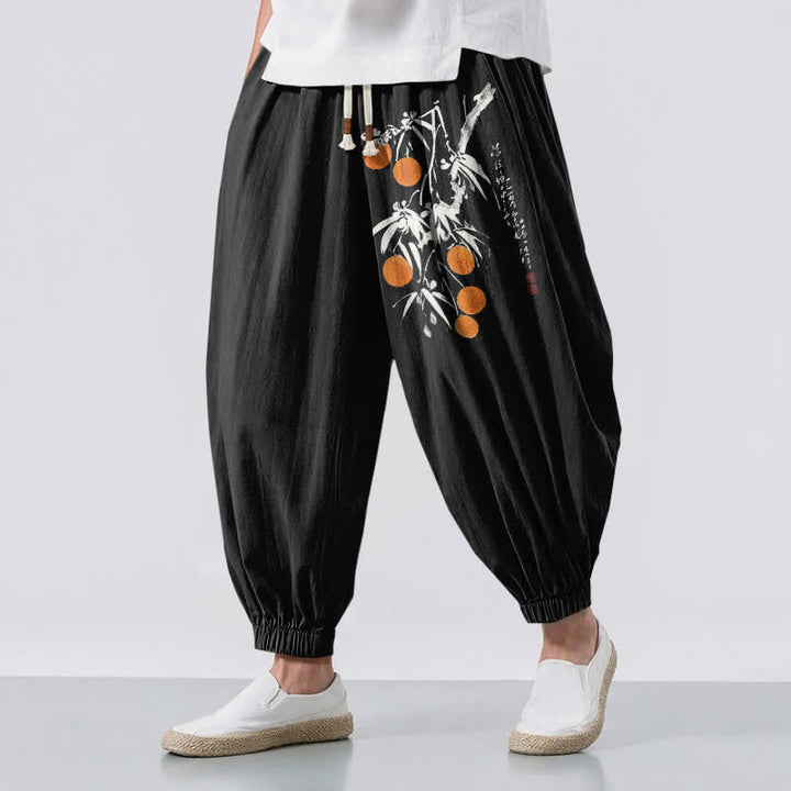 Buddha Stones Pantalones harem para hombre de algodón puro con estampado de ramas de bambú, cordón ajustable y bolsillos. - Negro - US/UK/AU50, EU60 (5XL) - image 0