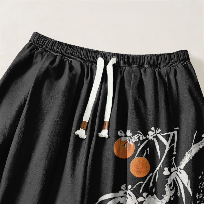 Buddha Stones Pantalones harem para hombre de algodón puro con estampado de ramas de bambú, cordón ajustable y bolsillos. - image 3