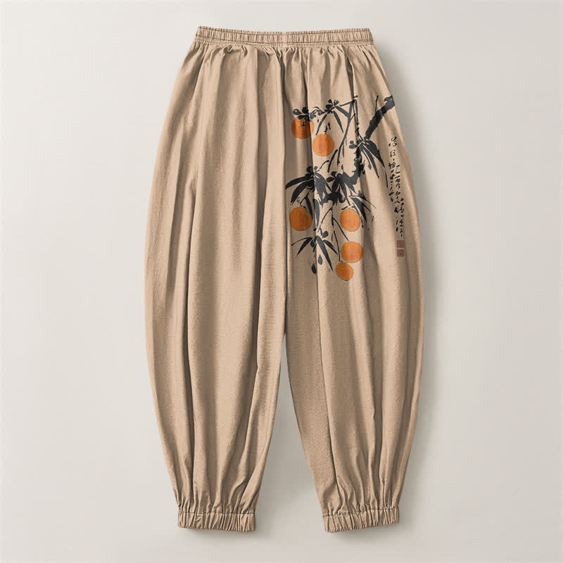 Buddha Stones Pantalones harem para hombre de algodón puro con estampado de ramas de bambú, cordón ajustable y bolsillos. - image 8