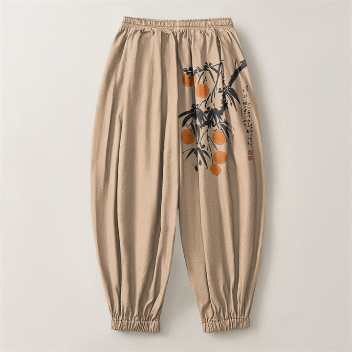 Buddha Stones Pantalones harem para hombre de algodón puro con estampado de ramas de bambú, cordón ajustable y bolsillos. - image 8