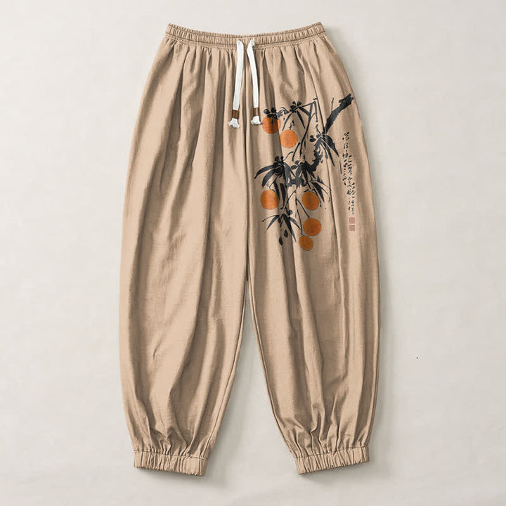 Buddha Stones Pantalones harem para hombre de algodón puro con estampado de ramas de bambú, cordón ajustable y bolsillos. - image 7