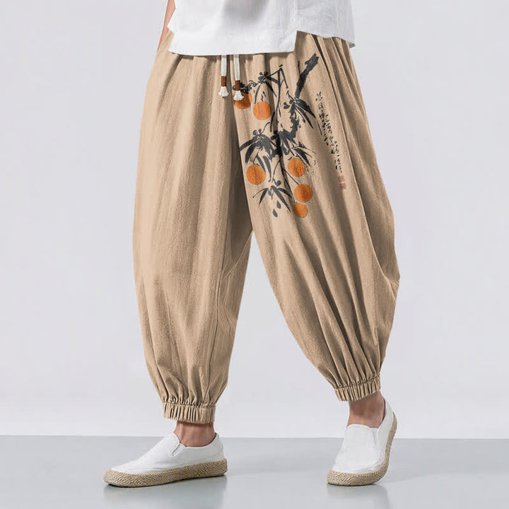 Buddha Stones Pantalones harem para hombre de algodón puro con estampado de ramas de bambú, cordón ajustable y bolsillos. - Broncearse - US/UK/AU50, EU60 (5XL) - image 6