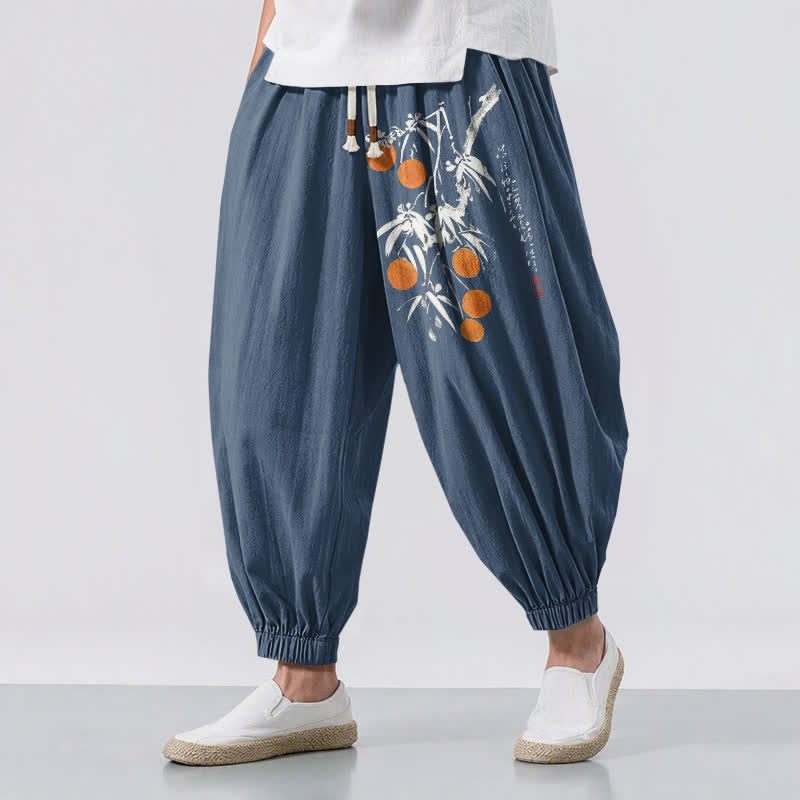 Buddha Stones Pantalones harem para hombre de algodón puro con estampado de ramas de bambú, cordón ajustable y bolsillos. - Azul acero - US/UK/AU50, EU60 (5XL) - image 12