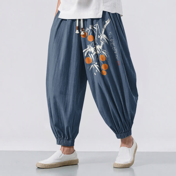 Buddha Stones Pantalones harem para hombre de algodón puro con estampado de ramas de bambú, cordón ajustable y bolsillos. - Azul acero - US/UK/AU50, EU60 (5XL) - image 12