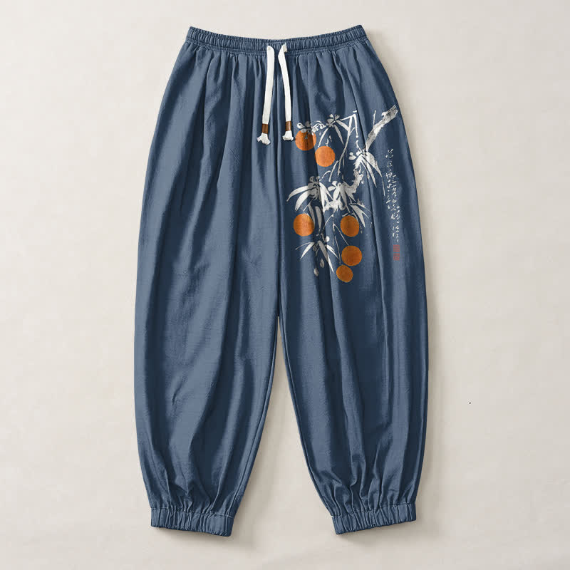 Buddha Stones Pantalones harem para hombre de algodón puro con estampado de ramas de bambú, cordón ajustable y bolsillos. - image 13
