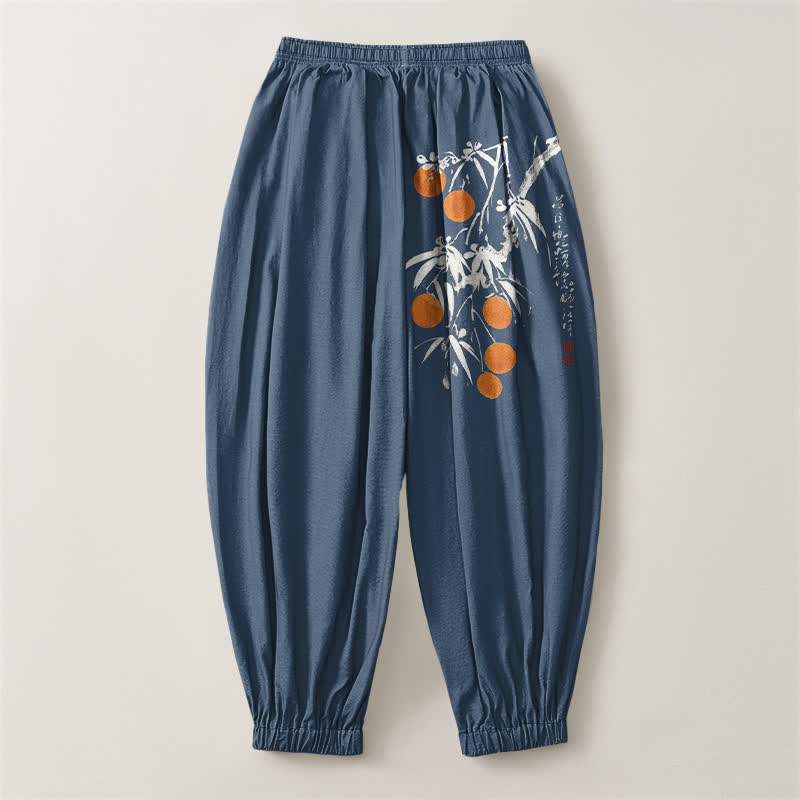 Buddha Stones Pantalones harem para hombre de algodón puro con estampado de ramas de bambú, cordón ajustable y bolsillos. - image 14