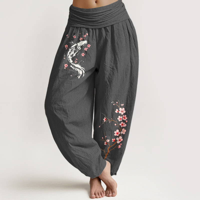 Buddha Stones Pantalones harem de algodón puro con estampado de ramas de flores koi y cintura elástica para mujer. - Gris oscuro - US16，UK/AU20，EU48 (3XL) - image 8