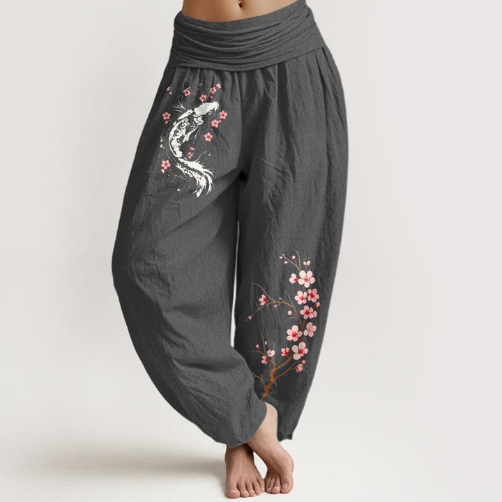 Buddha Stones Pantalones harem de algodón puro con estampado de ramas de flores koi y cintura elástica para mujer. - Gris oscuro - US16，UK/AU20，EU48 (3XL) - image 8