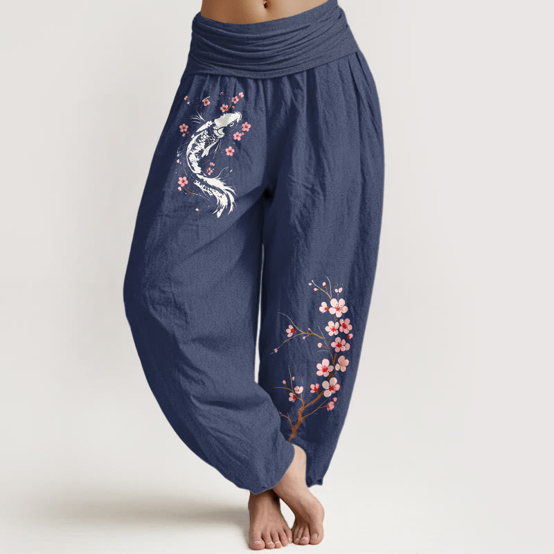 Buddha Stones Pantalones harem de algodón puro con estampado de ramas de flores koi y cintura elástica para mujer. - Azul pizarra oscuro - US16，UK/AU20，EU48 (3XL) - image 5