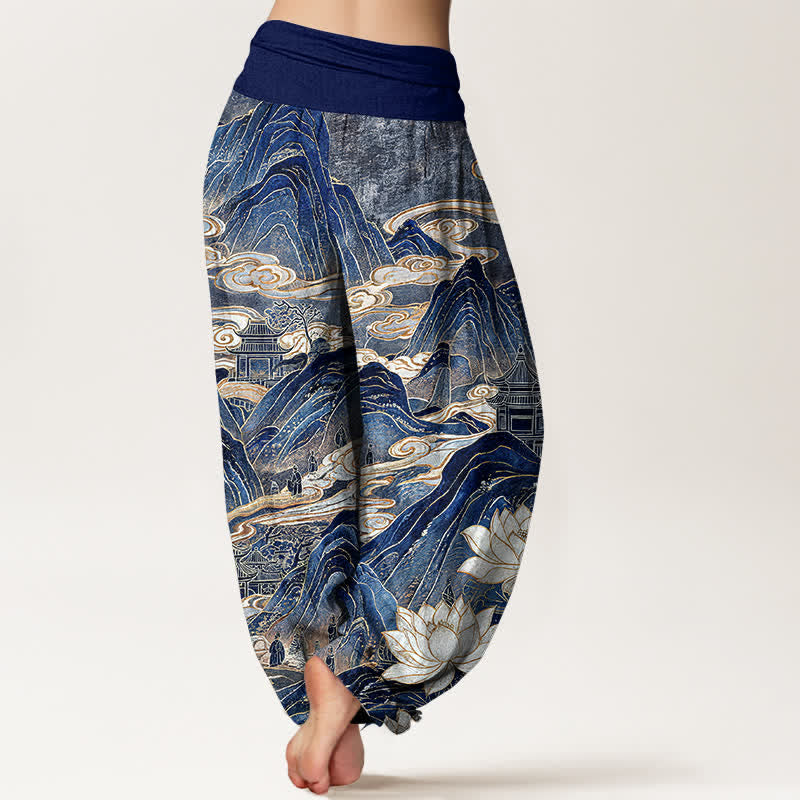 Buddha Stones Pantalones harem de algodón con estampado de nube de loto y cintura elástica para mujer. - image 1