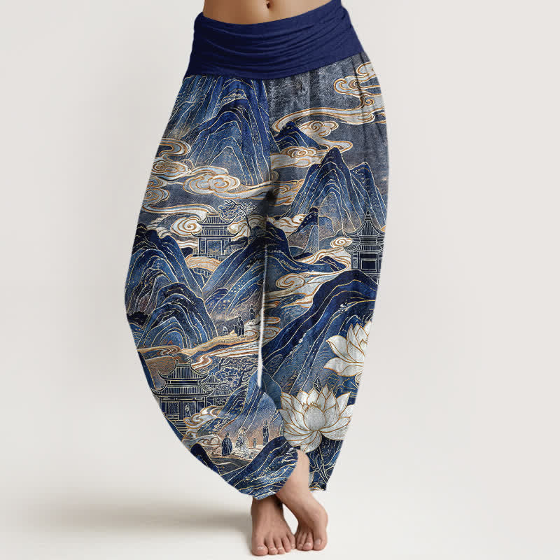 Buddha Stones Pantalones harem de algodón con estampado de nube de loto y cintura elástica para mujer. - Marina de guerra - US16，UK/AU20，EU48 (3XL) - image 0