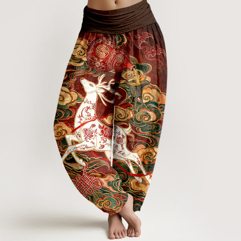 Buddha Stones Pantalones harem de algodón con estampado de nudo chino y nubes ornamentadas para mujer, con cintura elástica. - Marrón - US16，UK/AU20，EU48 (3XL) - image 0