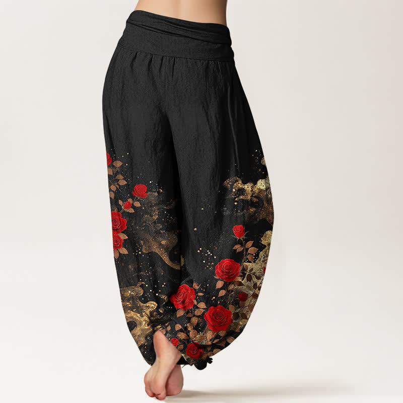 Buddha Stones Pantalones harem de algodón con estampado bohemio de rosas y nubes para mujer con cintura elástica. - image 1