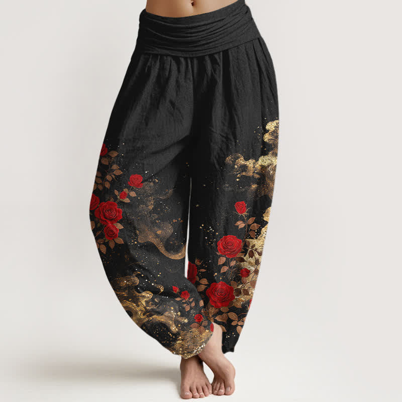 Buddha Stones Pantalones harem de algodón con estampado bohemio de rosas y nubes para mujer con cintura elástica. - Negro - US16，UK/AU20，EU48 (3XL) - image 0