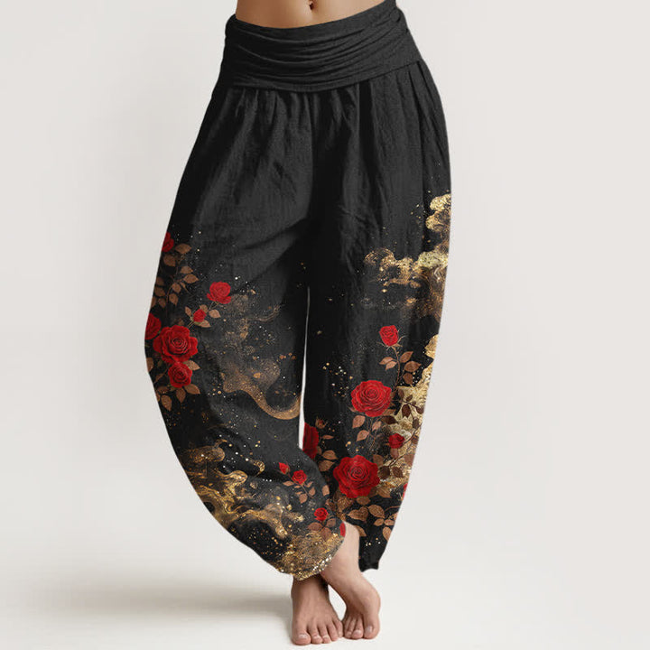 Buddha Stones Pantalones harem de algodón con estampado bohemio de rosas y nubes para mujer con cintura elástica. - Negro - US16，UK/AU20，EU48 (3XL) - image 0