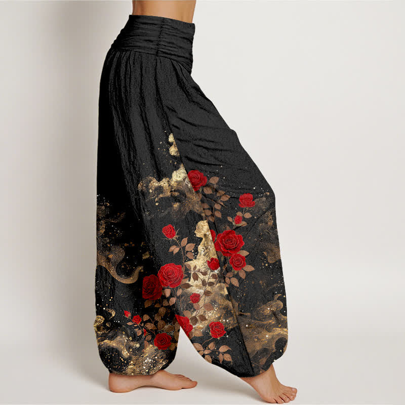 Buddha Stones Pantalones harem de algodón con estampado bohemio de rosas y nubes para mujer con cintura elástica. - image 2