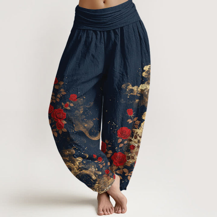 Buddha Stones Pantalones harem de algodón con estampado bohemio de rosas y nubes para mujer con cintura elástica. - Azul medianoche - US16，UK/AU20，EU48 (3XL) - image 5