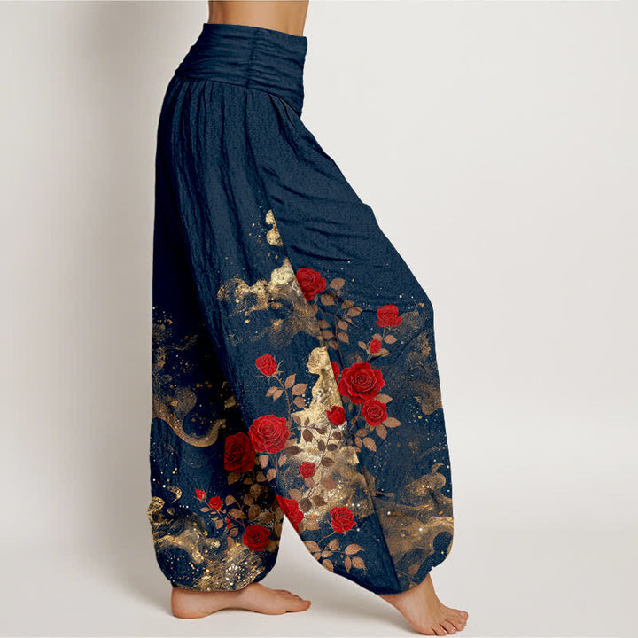 Buddha Stones Pantalones harem de algodón con estampado bohemio de rosas y nubes para mujer con cintura elástica. - image 7