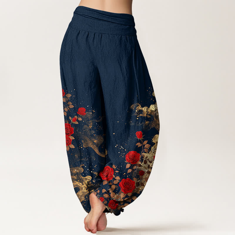 Buddha Stones Pantalones harem de algodón con estampado bohemio de rosas y nubes para mujer con cintura elástica. - image 6