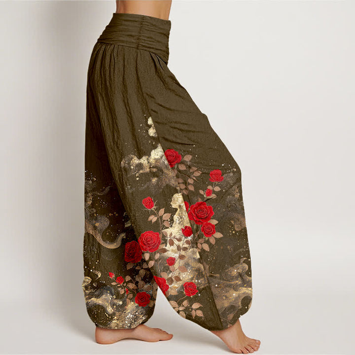 Buddha Stones Pantalones harem de algodón con estampado bohemio de rosas y nubes para mujer con cintura elástica. - image 10