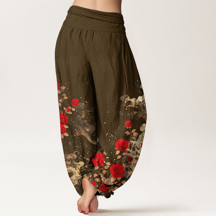 Buddha Stones Pantalones harem de algodón con estampado bohemio de rosas y nubes para mujer con cintura elástica. - image 9