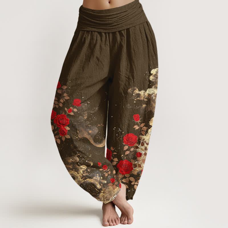 Buddha Stones Pantalones harem de algodón con estampado bohemio de rosas y nubes para mujer con cintura elástica. - Aceituna - US16，UK/AU20，EU48 (3XL) - image 8