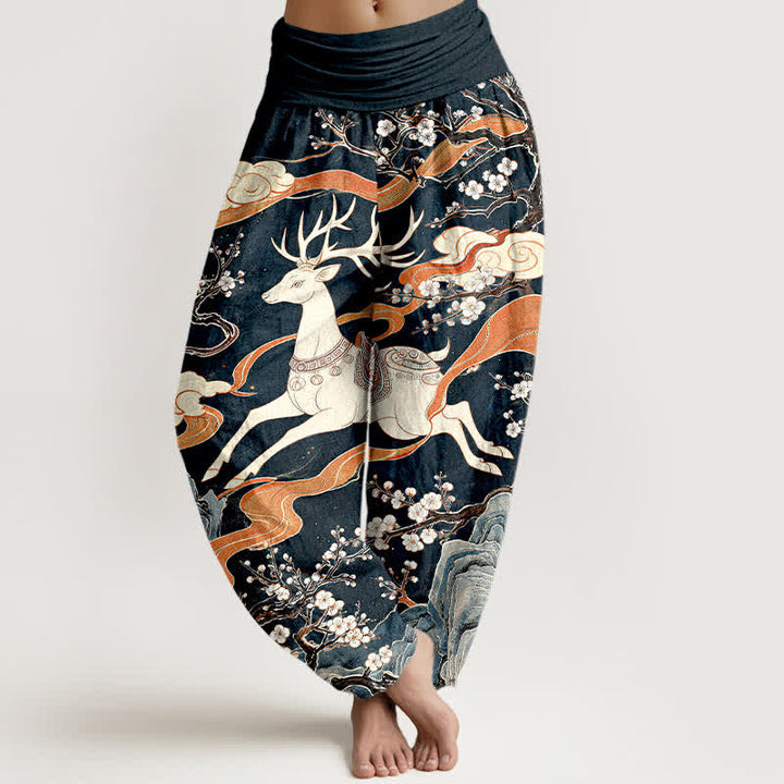 Buddha Stones Pantalones harem de cintura elástica para mujer con estampado de montaña y ciervos de algodón - Negro - US16，UK/AU20，EU48 (3XL) - image 0