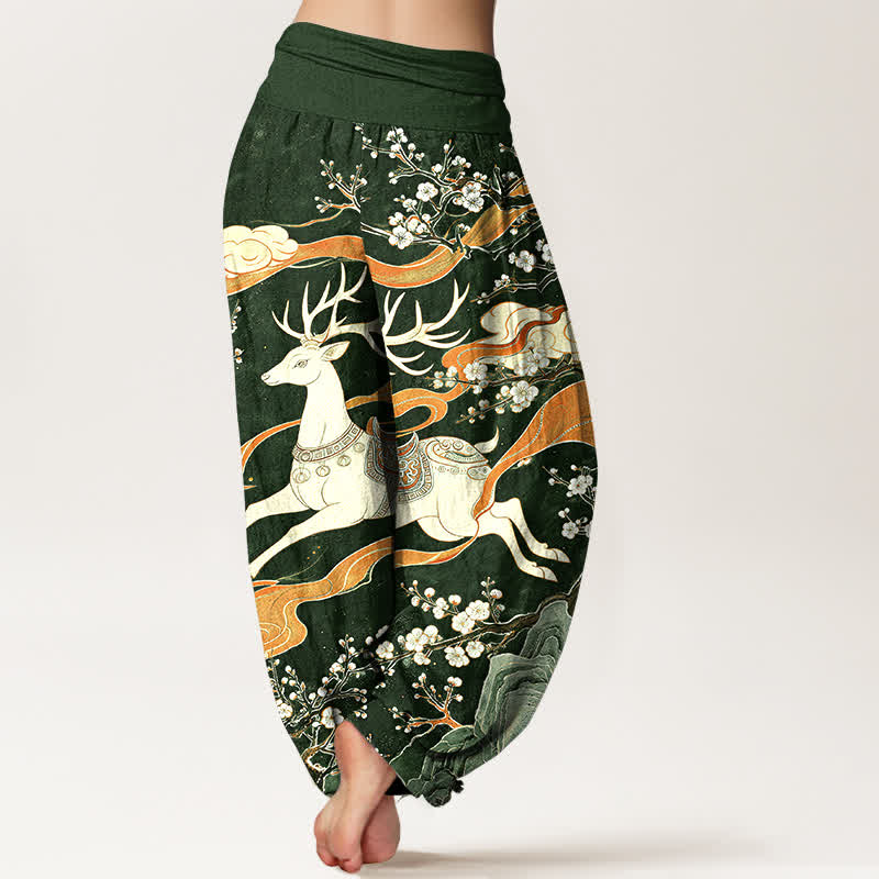 Buddha Stones Pantalones harem de cintura elástica para mujer con estampado de montaña y ciervos de algodón - image 6