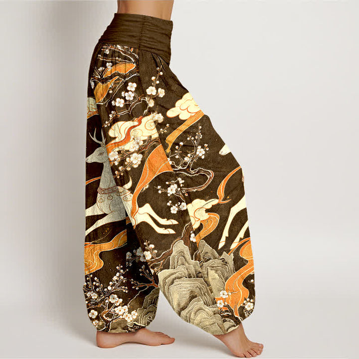 Buddha Stones Pantalones harem de cintura elástica para mujer con estampado de montaña y ciervos de algodón - image 10
