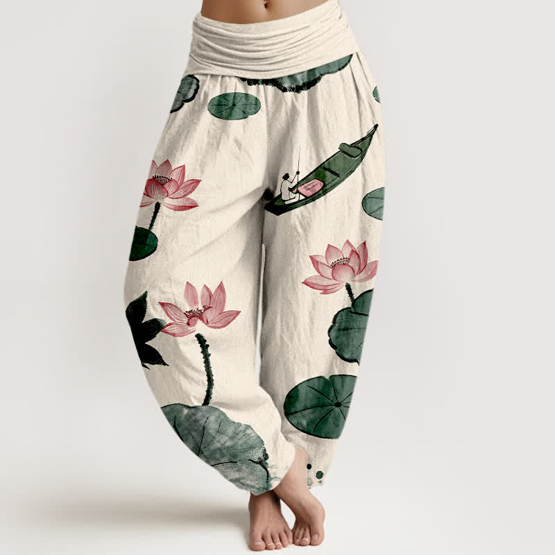 Buddha Stones Pantalones harem de algodón con estampado de loto oriental y cintura elástica para mujer. - Beige - US16，UK/AU20，EU48 (3XL) - image 0