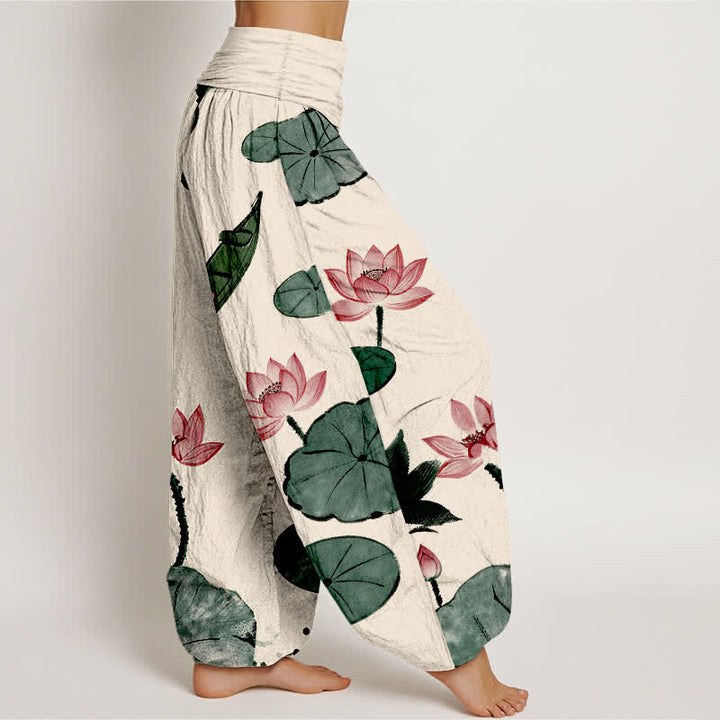 Buddha Stones Pantalones harem de algodón con estampado de loto oriental y cintura elástica para mujer. - image 2