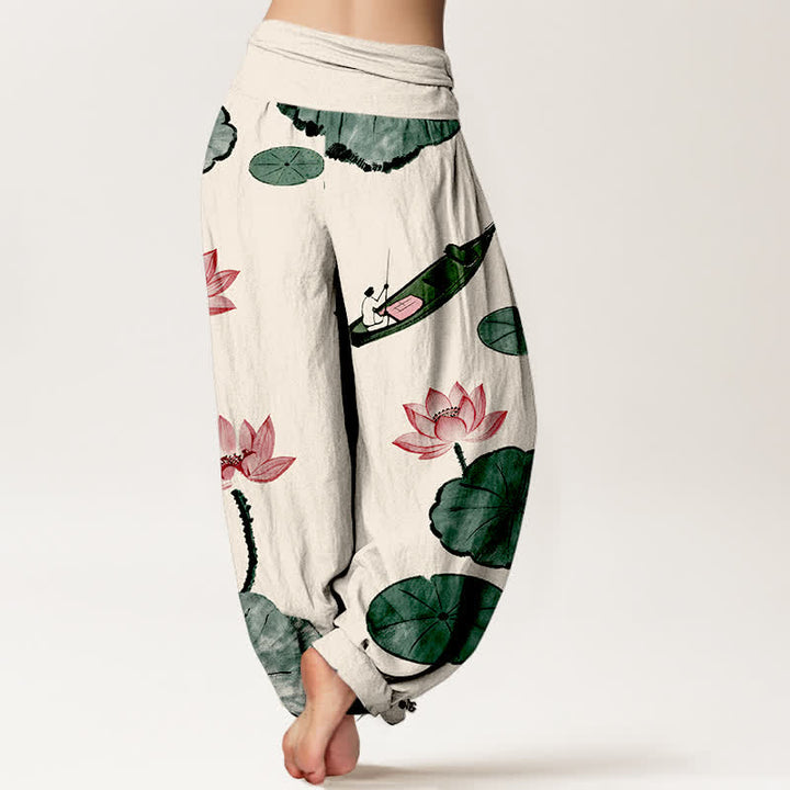 Buddha Stones Pantalones harem de algodón con estampado de loto oriental y cintura elástica para mujer. - image 1