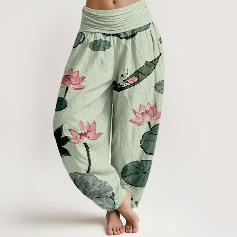 Buddha Stones Pantalones harem de algodón con estampado de loto oriental y cintura elástica para mujer. - Verde mar oscuro - US16，UK/AU20，EU48 (3XL) - image 8