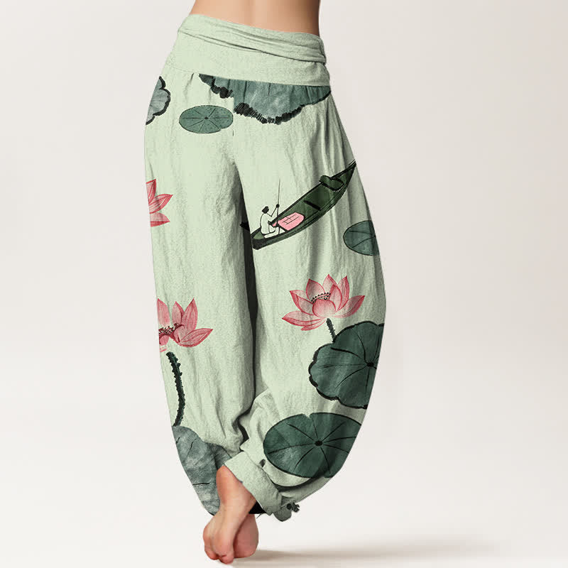 Buddha Stones Pantalones harem de algodón con estampado de loto oriental y cintura elástica para mujer. - image 9