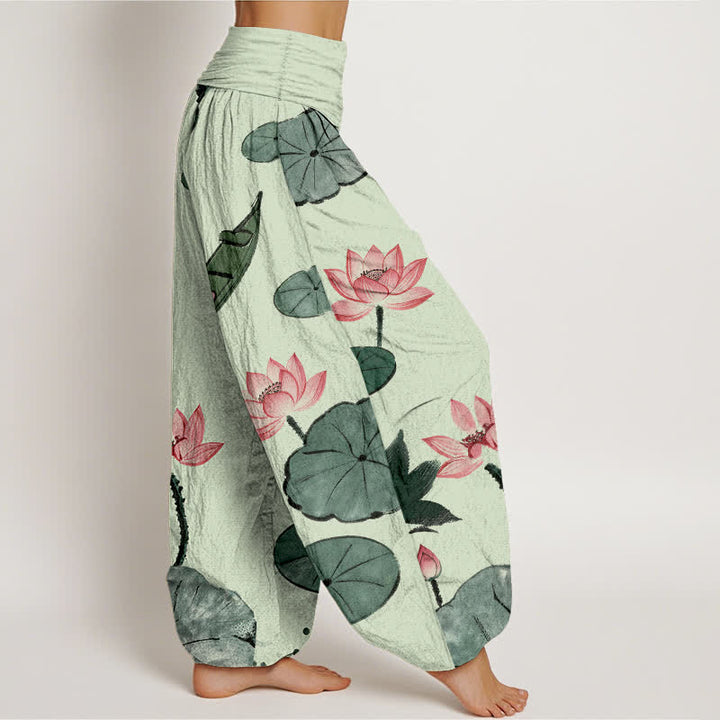 Buddha Stones Pantalones harem de algodón con estampado de loto oriental y cintura elástica para mujer. - image 10