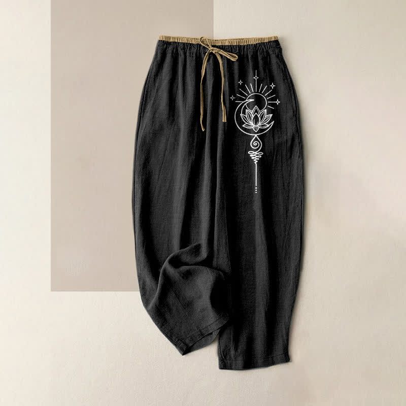 Buddha Stones Pantalones de mujer de algodón puro con estampado bohemio de loto, luna y estrella, cintura elástica y bolsillos. - Negro - US16，UK/AU20，EU48 (3XL) - image 4