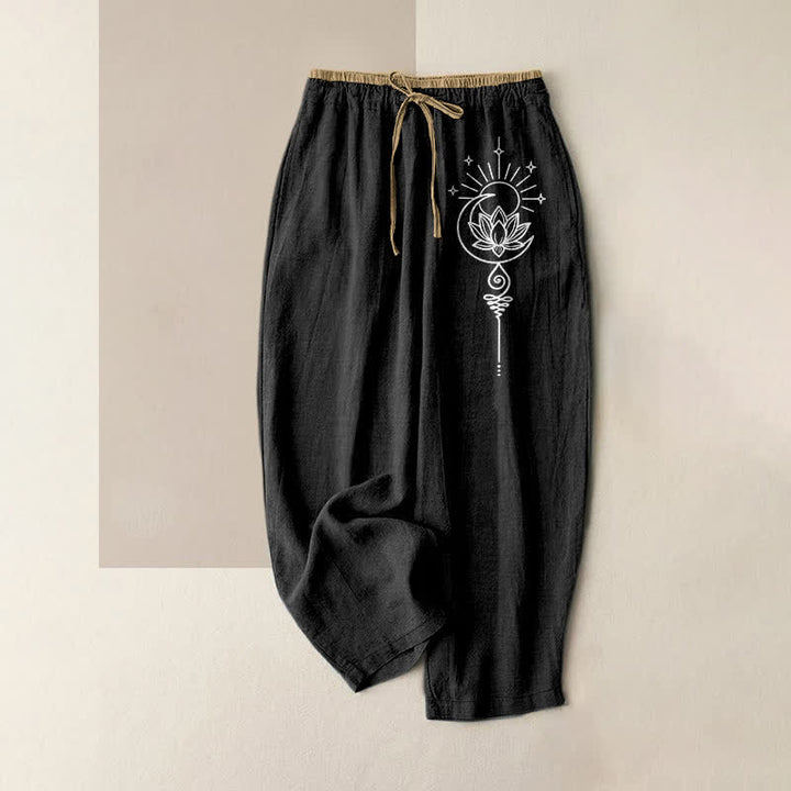 Buddha Stones Pantalones de mujer de algodón puro con estampado bohemio de loto, luna y estrella, cintura elástica y bolsillos. - Negro - US16，UK/AU20，EU48 (3XL) - image 4