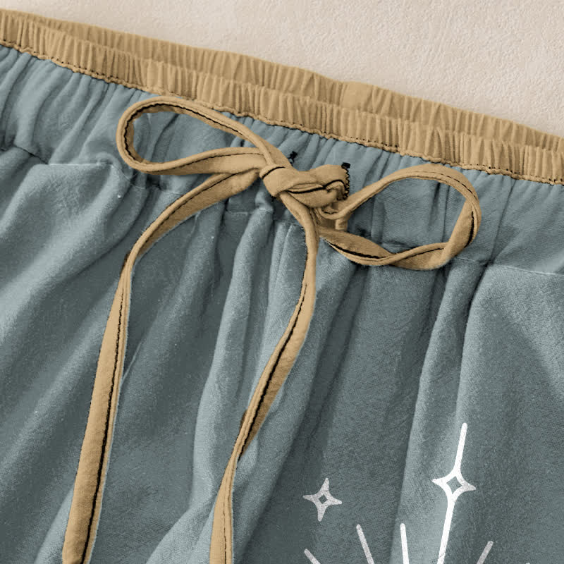 Buddha Stones Pantalones de mujer de algodón puro con estampado bohemio de loto, luna y estrella, cintura elástica y bolsillos. - image 1