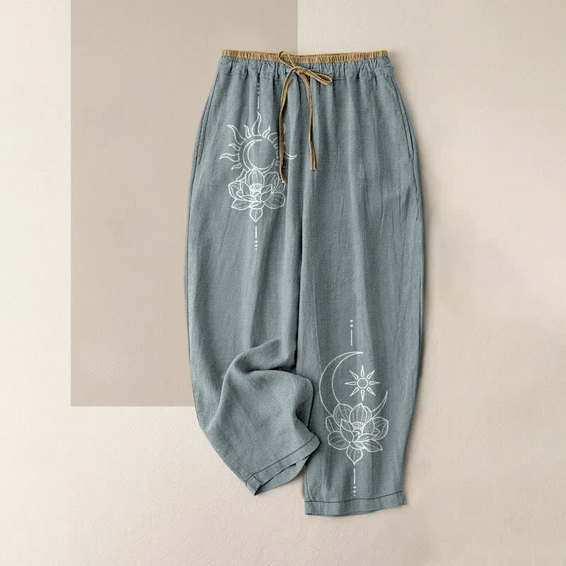 Buddha Stones Pantalones de mujer de algodón puro con estampado artístico Zen Lotus, cintura elástica y bolsillos. - Azul claro - US16，UK/AU20，EU48 (3XL) - image 0