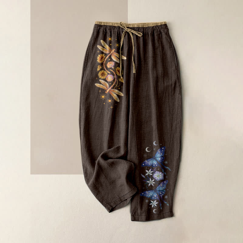 Buddha Stones Pantalones de mujer de algodón puro con bordado de flores y mariposas, cintura elástica y bolsillos. - Marrón silla de montar - US16，UK/AU20，EU48 (3XL) - image 0