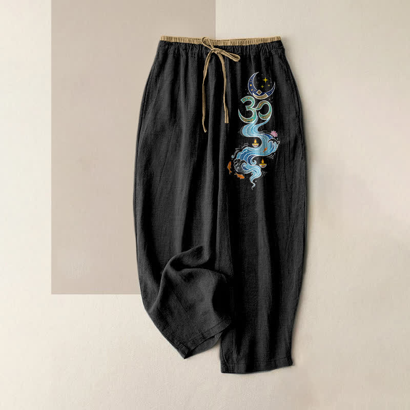 Buddha Stones Pantalones de mujer de algodón puro con estampado de luna, estrella, OM, peces koi y loto, cintura elástica y bolsillos. - Negro - US16，UK/AU20，EU48 (3XL) - image 0