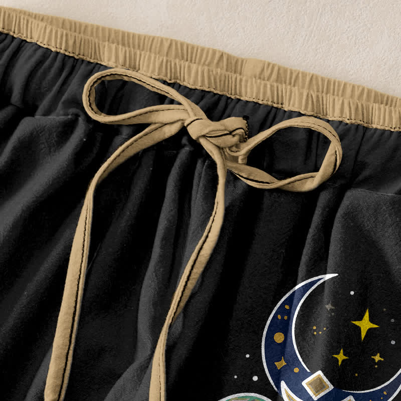 Buddha Stones Pantalones de mujer de algodón puro con estampado de luna, estrella, OM, peces koi y loto, cintura elástica y bolsillos. - image 1
