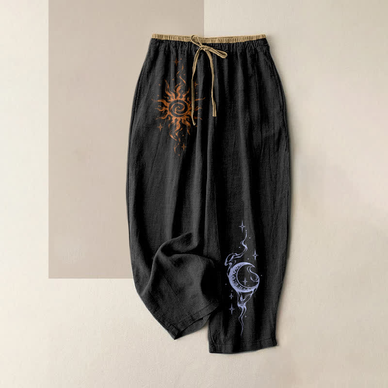 Buddha Stones Pantalones de mujer de algodón puro con estampado retro de sol, estrella y luna, cintura elástica y bolsillos. - Negro - US16，UK/AU20，EU48 (3XL) - image 0
