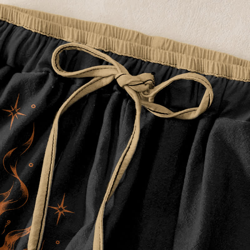 Buddha Stones Pantalones de mujer de algodón puro con estampado retro de sol, estrella y luna, cintura elástica y bolsillos. - image 1
