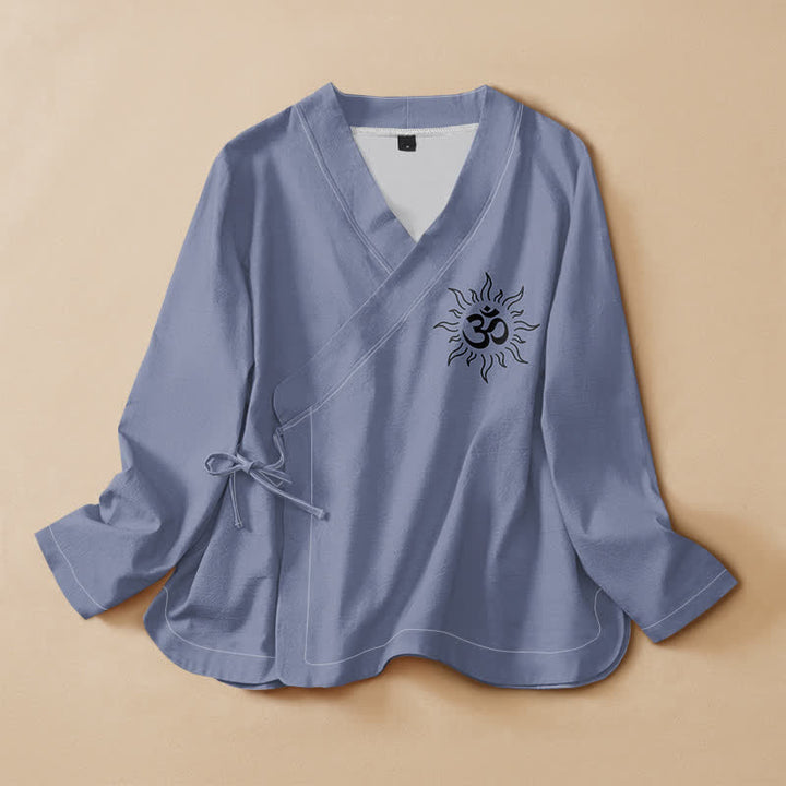 Buddha Stones Camisa kimono de manga larga para mujer, estilo boho, con estampado del símbolo Om, cuello en V y cordones. - Azul pizarra medio - US16，UK/AU20，EU48 (3XL) - image 0
